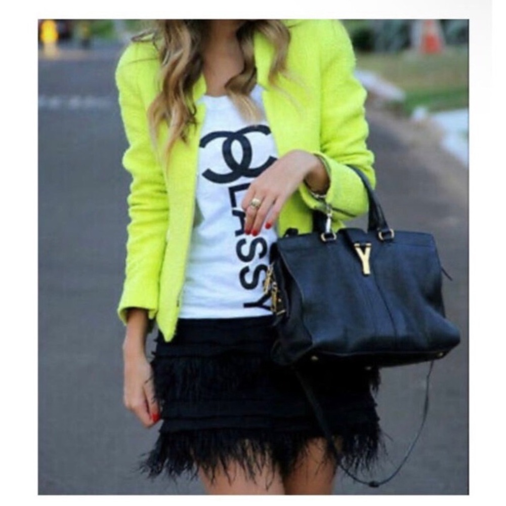 Zara - Chartreuse/Neon Yellow Tweed Moto Jacket - XS